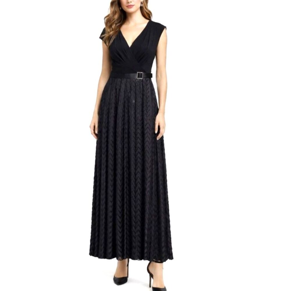 Cachet NWT Women's Black Draped V-Neck Cap Sleeve Belted Formal Long Dress 16W